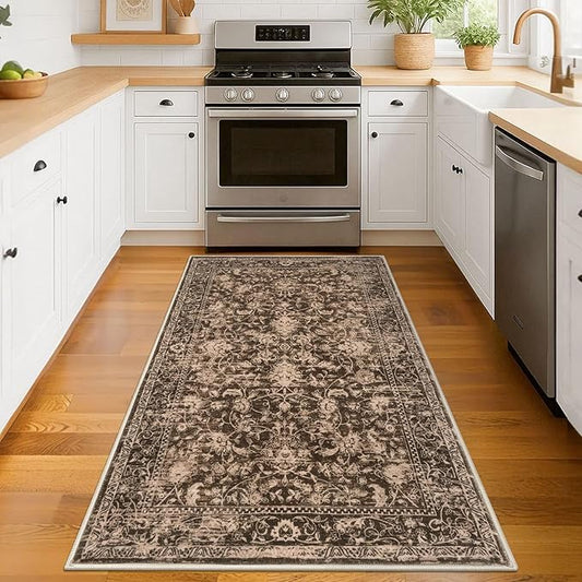 KILOCOCO Area Rug 3x5 Entryway Rug Washable Printed Vintage Floral Rubber Backed Non Slip Indoor Kitchen Rugs for Living Room Laundry Room Playroom Mudroom Moroccan Area Rugs, Rust Red