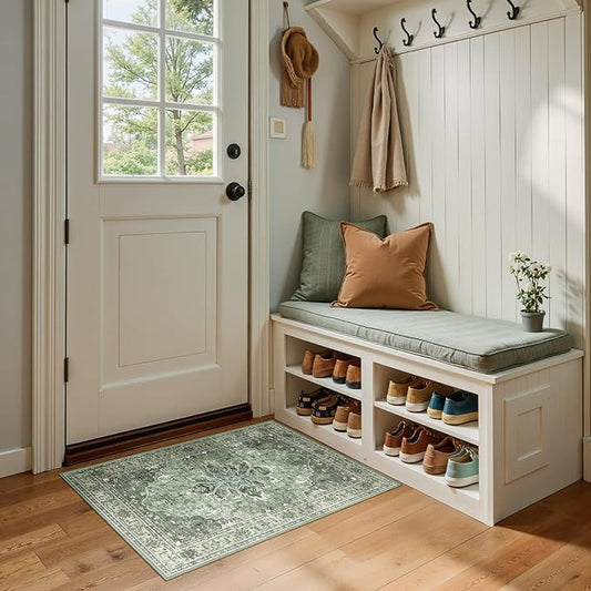 Area Rugs 2'x3' Washable Non-Slip, Floral Vintage Distress Print Pattern Medallion Carpet for Living Room Bedroom Dining Room, Dark Green Gray