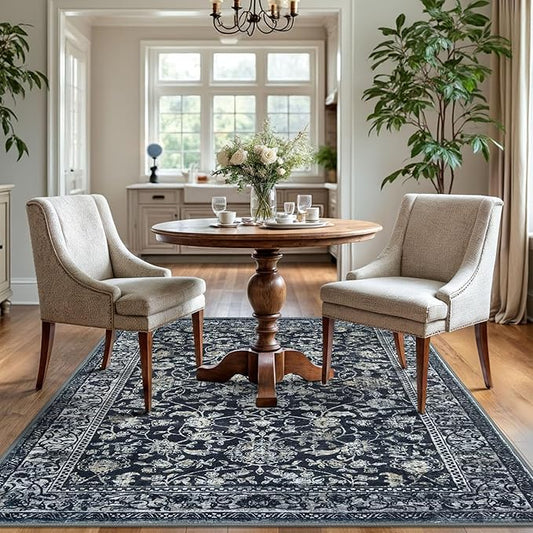 KILOCOCO Area Rug 4x6 Entryway Rug Washable Printed Vintage Floral Rubber Backed Non Slip Indoor Kitchen Rugs for Laundry Room Playroom Bedroom Living Room Moroccan Area Rugs, Navy/Charcoal