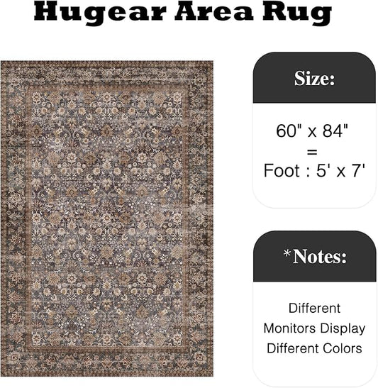 Hugear 5x7 Machine Washable Rugs Tradition Brown Hallway Area Rug Indoor Accent Rug Floral Low Pile Carpet Soft Throw Aesthetic Rug Bedroom Living Room Office Dining Room Kitchen Laundry Room Non Slip