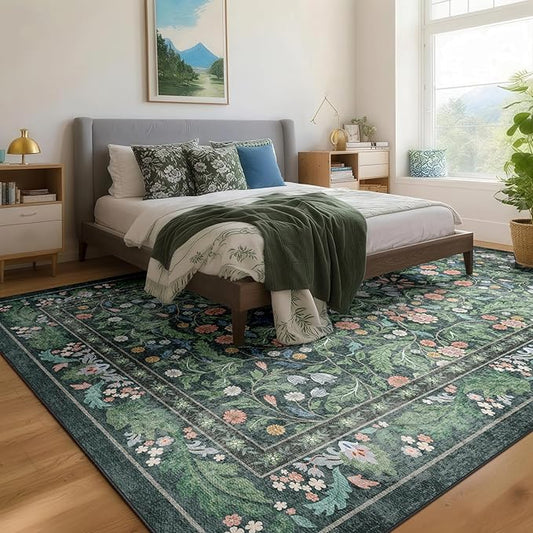 Green Floral 5x7 Area Rugs for Living Room Large Washable Rug Vintage Forest Low Pile Non Slip Stain Resistance Soft Carpet for Dining Room, Bedroom, Office Rug, Kids Room, Nursery Room, Playroom