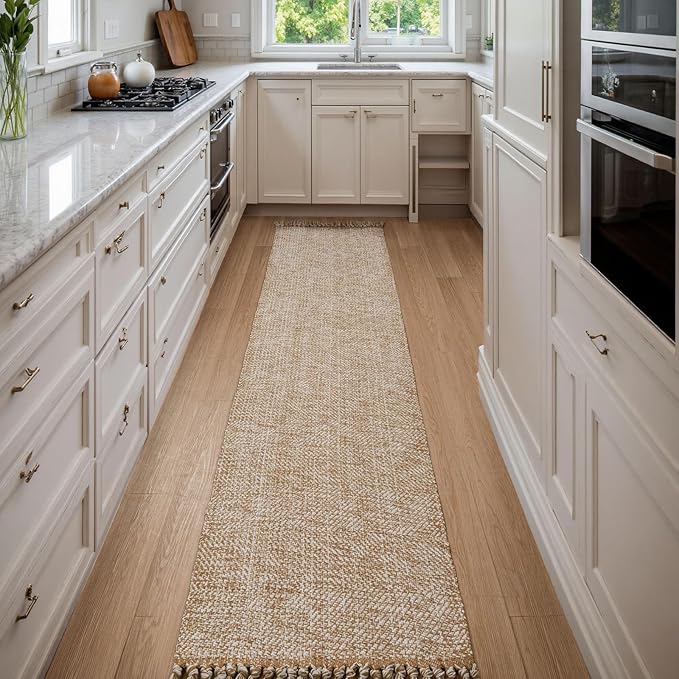 Collive Boho Long Hallway Runner Rug, 2.6x14 ft Washable Runners Rugs for Hall Tan/Cream Low Pile Kitchen Runer Carpet, Woven Cotton Carpets Runners for Entryway Bedside