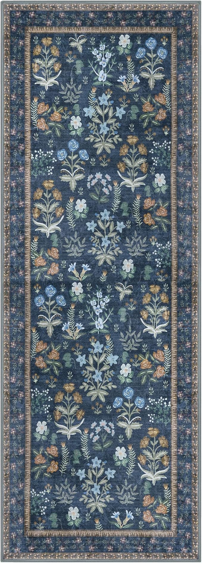 Boho Floral Machine Washable Runner Rug 2x6, Navy Kitchen Runner Rug Non-Slip, Super Thin Hallway Rug Runner Printed Faux Wool Soft Carpet for Entryway Bedroom Laundry Room Indoor