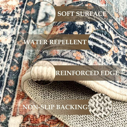 Area Rugs 2'x3' Washable Non-Slip, Floral Vintage Distress Print Pattern Medallion Carpet for Living Room Bedroom Dining Room, Beige Navy Blue Orange Colorful