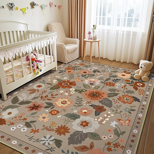 Floral 8x10 Area Rug Machine Washable Soft Print Boho Carpet Non Slip Doormat Low Pile Flower Area Rugs for Living Room Bedroom Nursery Kitchen Dining Room Indoor-Brown/Brick