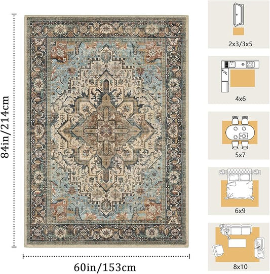5x7 Machine Washable Area Rug for Living Room, Blue Beige Boho Vintage Floral Rug Large Non-Slip Low Pile Soft Faux Wool Carpet, Kids and Pets Friendly for Bedroom Dining Room Farmhouse Decor Rug