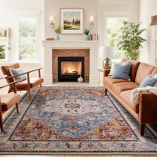 8x10 Large Area Rugs for Living Room, Washable Vintage Rugs-Low Pile Carpet, Non-Slip Soft Distressed Printed Patterns Rugs for Bedroom, Dining Room, Rust Brown