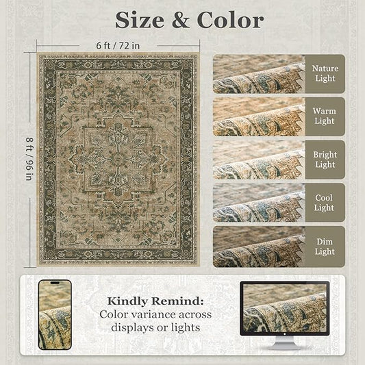 Medallione 6x8 Area Rugs for Living Room, Low Pile Thin Washable Non Slip Rugs for Bedroom Dining Room, Vintage Distressed Carpet for Home Office Guest Room, Multi Brown/Olive Accents