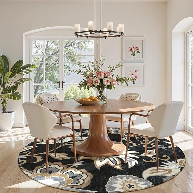Lahome Floral Black Round Area Rug - 5Ft Washable Ultra-Thin Soft Bedroom Rug, Non-Slip Stain Resistant Circle Carpet for Living Room, Office, Dining Room, Paisley Print Accent Carpet