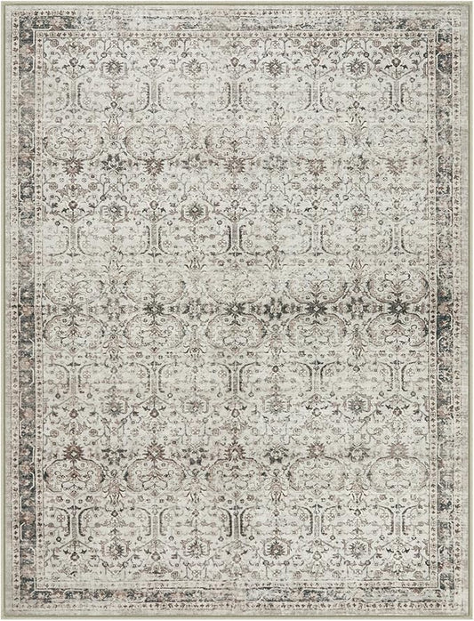 Moynesa Grey Rugs for Living Room 8x10, Vintage Washable Area Rug for Bedroom Dining Room Office, Low Pile Soft Non-Slip Retro Neutral Carpets for Kitchen Indoor Nursery