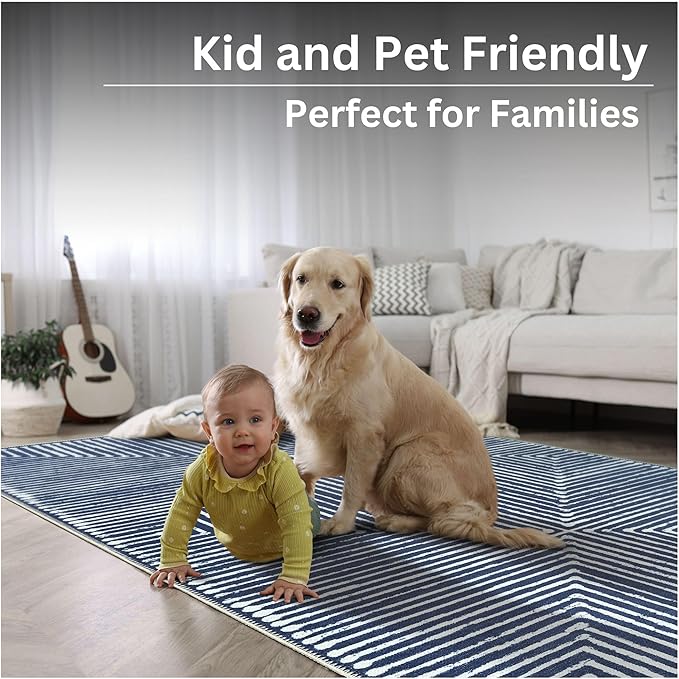 Bloom Rugs Washable Non-Slip 7 ft Runner - Blue Striped Runner for Entryway, Hallway, Bathroom, and Kitchen - Exact Size: 2.5' x 7'