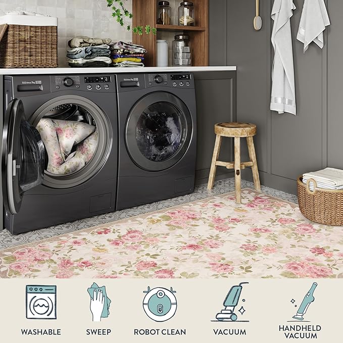 Lahome Floral Runners for Hallways Non Slip, 2x6 Washable Kitchen Runner Rug, Soft Boho Throw Carpet for Girls Bedside Bedroom Laundry Bathroom Beige/Pink/Multi