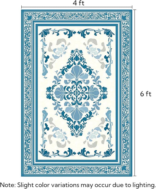 SOULFUL Medium Pile 4x6 Rugs for Living Room - Soft Foot Feel Area Rug - Blue Boho Floral - Washable Non-Slip - Perfect for Bedroom Kids Room Under Dining Table Office