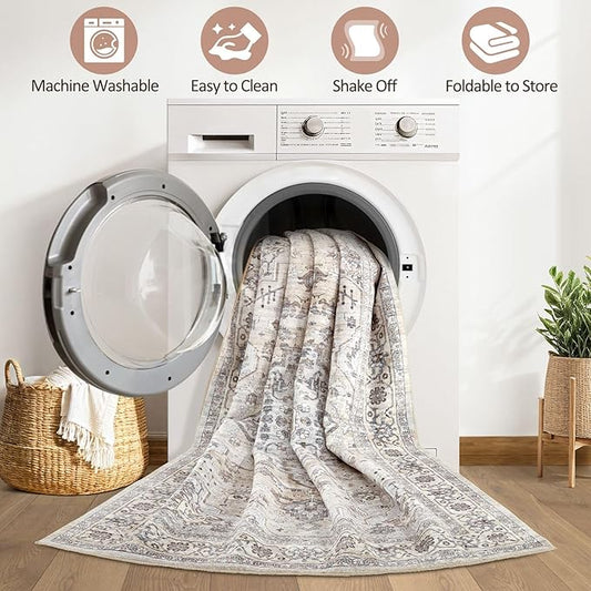 Runner Rug Kitchen Washable Rugs: 3x10 Non-Slip Boho Soft Vintage Stain Resistant Indoor Floor Neutral Farmhouse Throw Carpet for Hallway Bathroom Laundry Room Entryway Bedroom- Ivory Gray