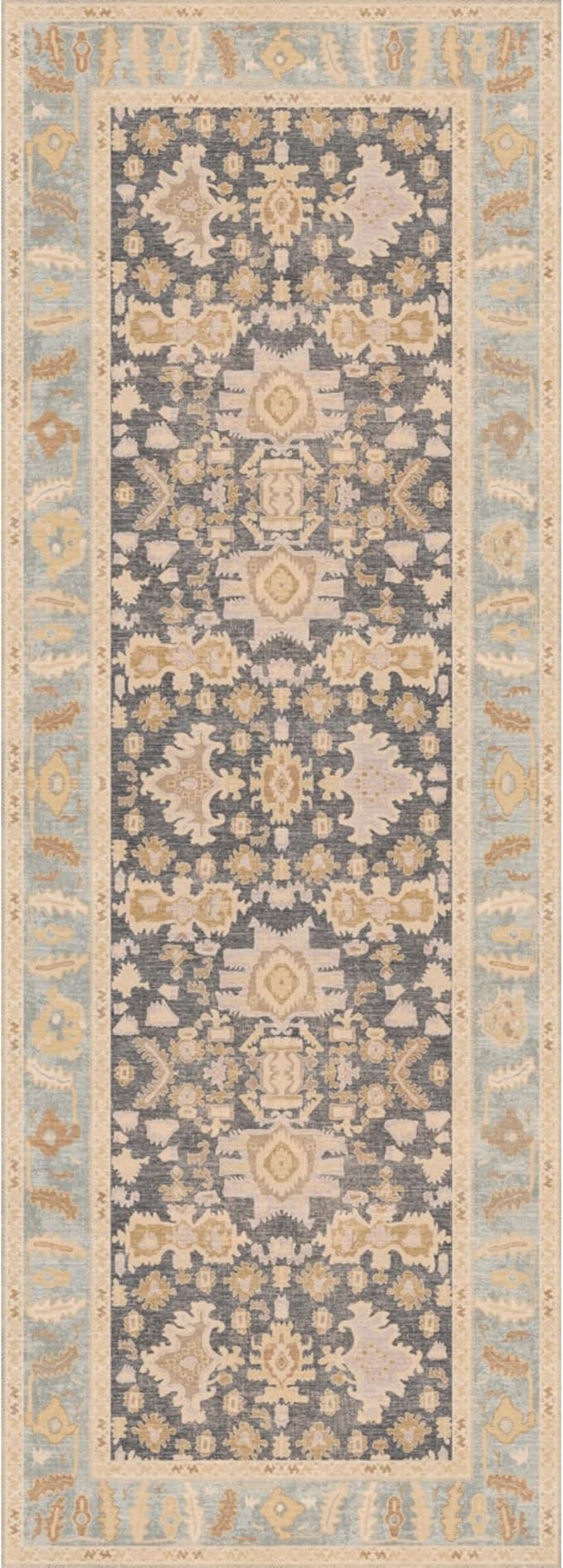 Kuden 2'6"x10 Runner Rug, Machine Washable Area Rug with Non-Slip Backing, Vintage Style, Soft, Easy Clean, Low Pile Rug for Hallway, Entryway, Kitchen, Bedroom
