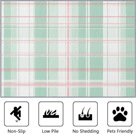 6x9 Rug Washable - Plaid Rug for Bedroom, Mint Green Tartan Gingham Non Slip Low Pile Area Rugs for Living Room, Plaid Carpets Home Decor & Gifts