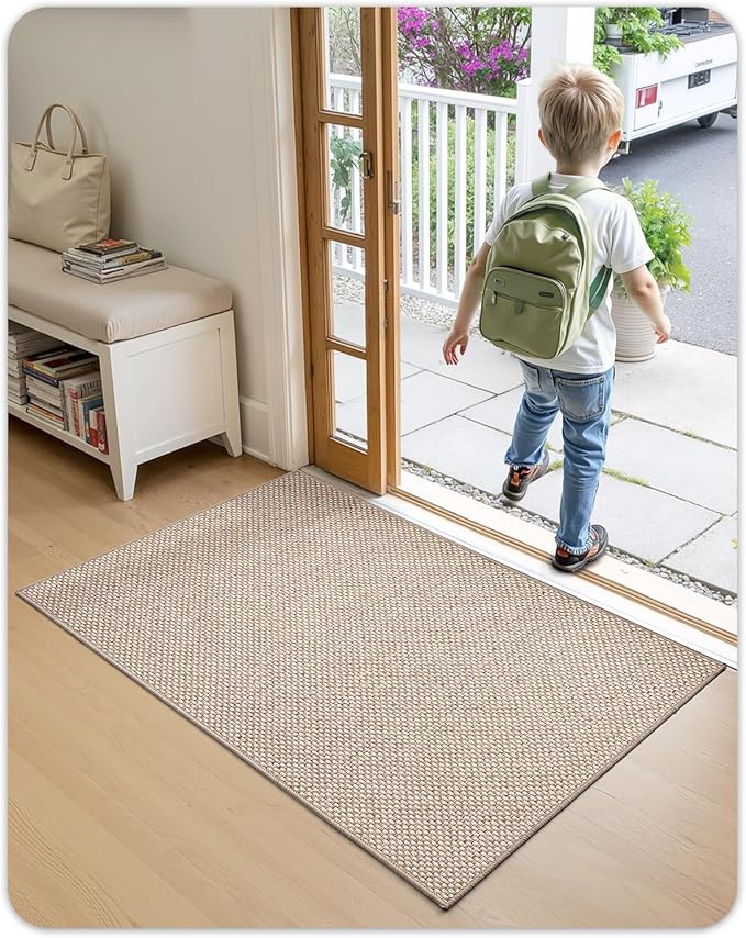 Color&Geometry Ultra-Thin Indoor Door Mat, 17"x29" Low-Profile Non-Slip Entryway Rug with Modern Geometric Texture, Washable Doormat for Indoor Entrance, Front Door, Khaki(Rolled-up NO Creases)