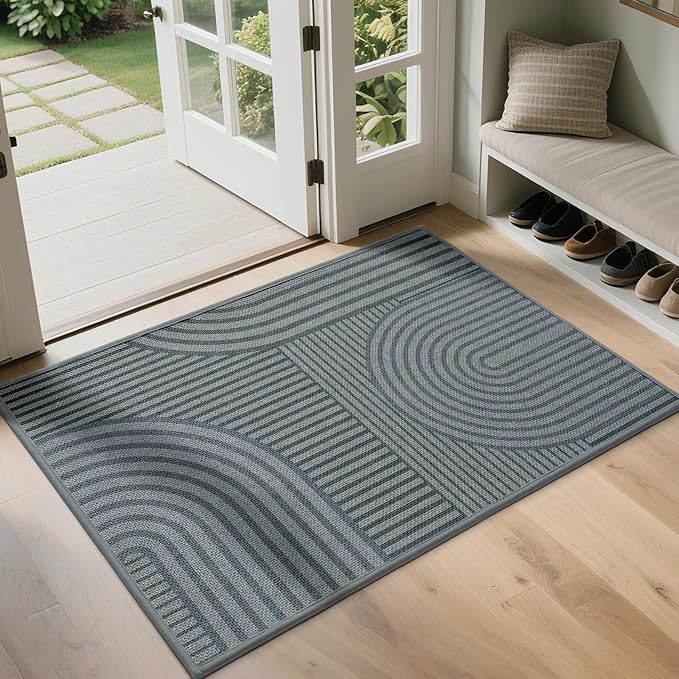 Front Door Mat 17''x30'', Absorbent Muddy Dirt Resist Washable Non Slip Low-Profile Indoor Doormat,Easy Clean Welcome Entryway Door Mats, Grey