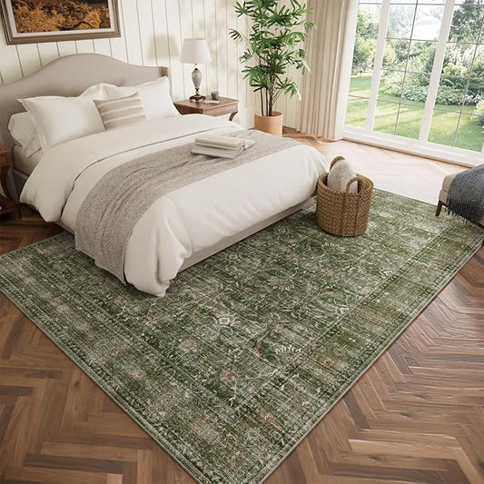 Washable 5x7 Area Rugs for Living Room, Boho Non-Slip Vintage Distress Rugs for Bedroom Dining Room Nursery Office, 0.3" Neutral Oriental Throw Thin Carpet with Cushioning Pad, Grass Green/Multi