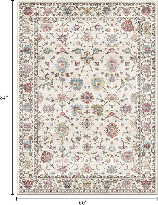 Washable Area Rug 5x7 - Boho Living Room Rug Soft Farmhouse Bedroom Rug Ultra-Thin Cream Colorful Vintage Traditional Floral Dining Room Rugs for Under Table Indoor Carpet for Living Room