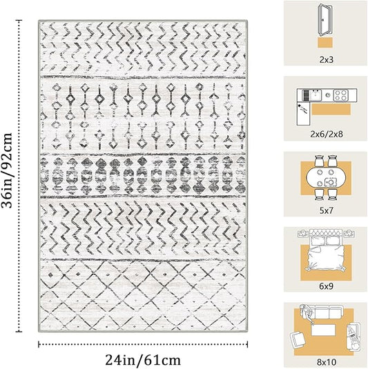 2x3 Machine Washable Area Rug for Entryway, Grey White Vintage Moroccan Rug Non-Slip Low Pile Soft Faux Wool Small Carpet, Kids and Pets Friendly for Bedroom Kitchen Hallway Home Decor Rug
