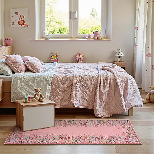 Lahome Boho Floral 2x6 Pink Bathroom Runner Rugs Non Slip Washable,Soft Runners for Hallways,Indoor Carpet Runner with Rubber Backing for Bedside Entryway Kitchen Laundry(Pink,2x6)
