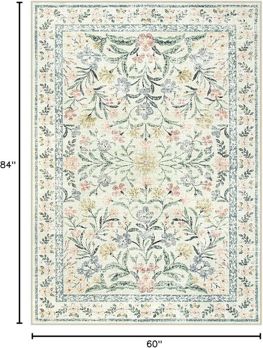 Lahome Boho Rugs for Living Room 5x7, Machine Washable Area Rugs Non-Slip, Vintage Floral Soft Kids Bedroom Carpet Rug for Home Girls Playroom Foyer Entryway, Beige/Multi
