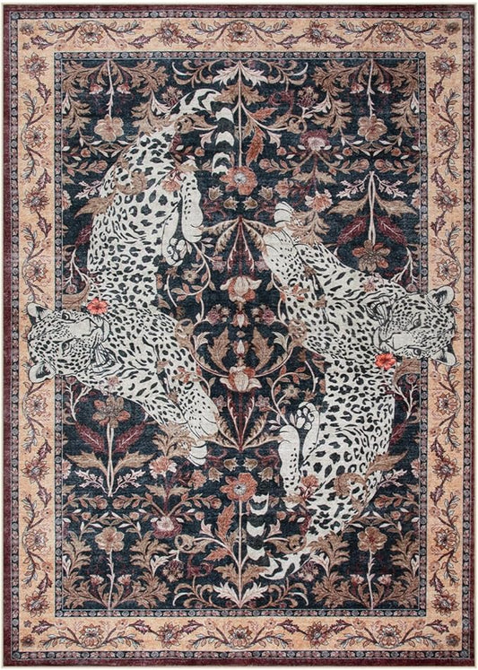 Moynesa Leopard Washable Area Rugs for Living Room, 5x7 Vintage Soft Rug for Bedroom, Non Slip Boho Ultra Thin Large Stain Resistant Throw Rug for Dining Guest Room, Puce Red