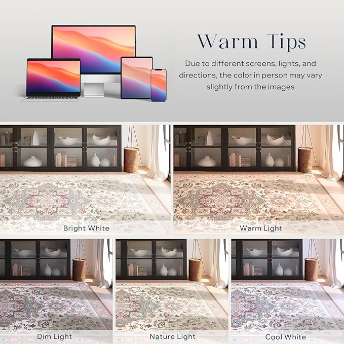 Phantoscope Washable Area Rug 5'x7' Non-Slip, Vintage Boho Rugs for Living Room, Bedroom, Dining Room, Persian Floral Medallion Pattern, Low-Pile Foldable Floor Carpet, Ivory Rose/Fall Bloom