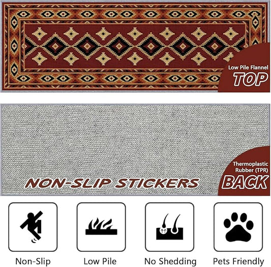 Burgundy Diamond Runner Rug, 1.3x7ft Hallway Runner Rugs - Corridor & Foyer Area Rugs, Non-Slip Mat Durable Rug, Washable Flannel Material, Southwestern Geometric Home Decor Carpet