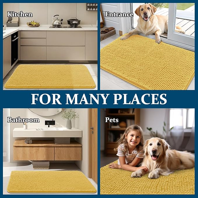 OLANLY Dog Door Mat for Muddy Paws 70x24, Absorbs Moisture and Dirt, Absorbent Non-Slip Washable Doormat, Quick Dry Chenille Mud Mat for Dogs, Entry Indoor Entryway Carpet for Inside Floor, Yellow