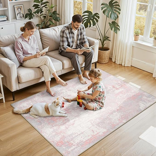 Washable Area Rugs 4'x6' Non-Slip Modern Abstract Soft for Living Room Entryway Bedroom Nursery, Print Pattern, Grey Pink