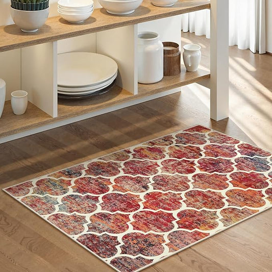 Lahome Moroccan Kitchen Rugs -2x3 Washable Rug Small Indoor Door Mat Throw Rug Non-Slip Indoor Door Mats for Entryway,Christmas Red Colorful Rugs for Bedroom(2x3, California Sunset