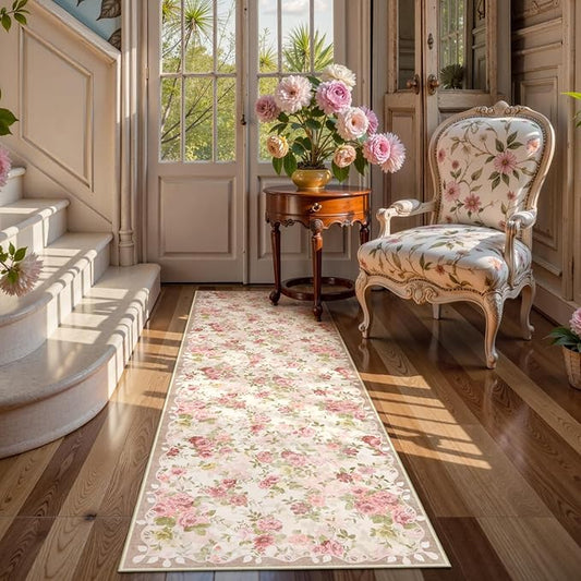 Lahome Floral Runners for Hallways Non Slip, 2x6 Washable Kitchen Runner Rug, Soft Boho Throw Carpet for Girls Bedside Bedroom Laundry Bathroom Beige/Pink/Multi