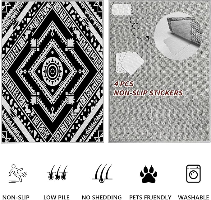 Area Rugs for Living Room 3x5, Moroccan Washable Low Pile Rug, Boho Neutral Farmhouse Ultra Soft Carpet for Bedroom Dining Room Home Decor, Geometric Print Tribal Carpets Black and White