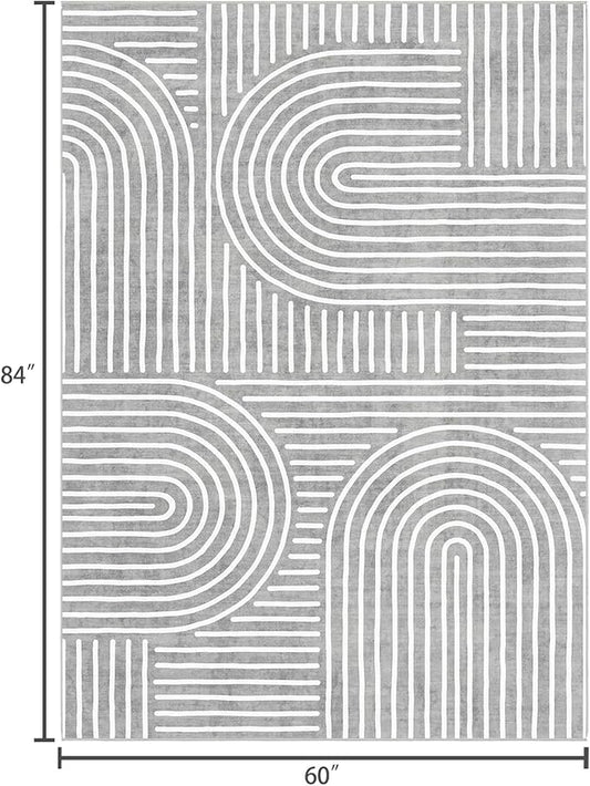 Washable Area Rug 5x7 - Boho Living Room Rug Soft Bedroom Rug Ultra-Thin Grey Modern Abstract Rainbow Dining Room Rugs Indoor Carpet for Living Room Nursery Room
