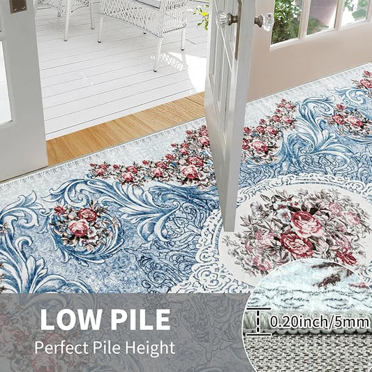 Easy-Going Area Rug 5x7 Washable Floral Rugs for Living Room Non-Slip Bedroom Rug Low Pile Lightweight Retro Flowers Throw Rug for Dining Room Kitchen Home Office Carpet, Teal Red