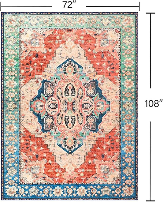 YJ.GWL Area Rugs for Living Room 6x9 Machine Washable Rugs, Non Slip Floral Vintage Rug Indoor Carpet, Stain Resistant Large Rug for Bedroom Dining Room, Red Blue Gradient Color