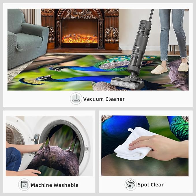 Peacock Rugs for Bedroom - 4x5 Rug, Peacock Couples Area Rugs for Living Room, Nature Carpet, Peafowl Washable Area Mat, Malachite Green Feather Carpet - Peafowl Home Decor & Gifts