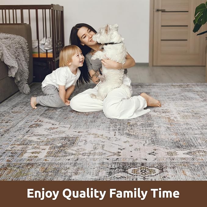 AMOAMI-Area Rug 8X10 Rugs for Living Room-Vintage Soft Grey Rugs for Bedroom-Non Slip Carpet-Washable Rug for Dining Room Living Room Bedroom Office Under Table