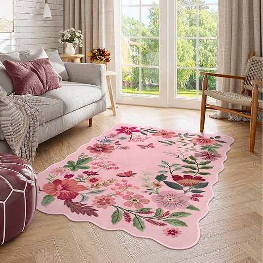 Lahome Floral Washable Rugs, 4X6 Pink Rugs for Bedroom Girls Ultra-Thin Soft Living Room Rug, Non-Slip Stain Resistant Boho Lightweight Low-Pile Throw Carpet for Nursery Office (4x6ft, Pink)