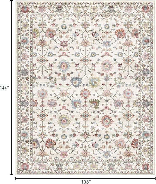 Area Rugs 9x12 Living Room - Large Washable Cream Boho Rugs for Bedroom Soft Vintage Rug Ultra-Thin Colorful Traditional Floral Carpet Farmhouse Rug for Dining Room Guest Room Home Decor