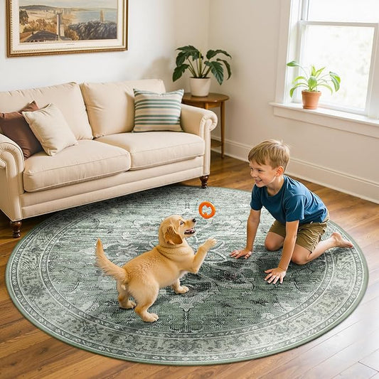 Area Rugs 6ft Washable Non-Slip, Floral Vintage Distress Print Pattern Medallion Carpet for Living Room Bedroom Dining Room, Dark Green Gray