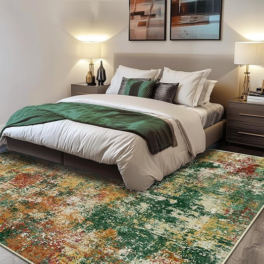 Washable Area Rugs 9'x12' Non-Slip Modern Abstract Soft for Living Room Entryway Bedroom Nursery, Print Pattern, Green Orange Rust Red Cream Colorful