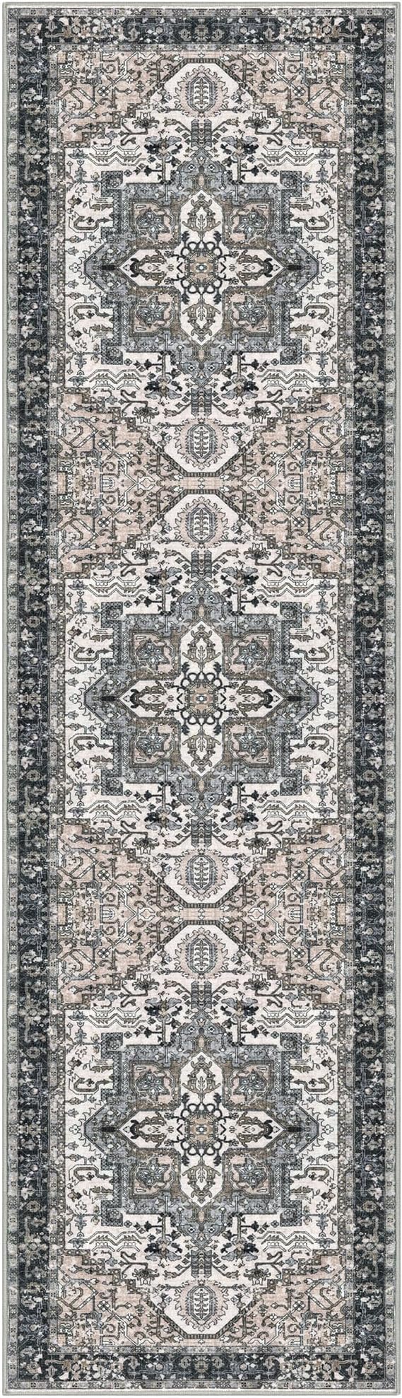 KOZYFLY Runners for Hallways 2x8 Ft Washable Kitchen Runner Rug Boho Entry Rug for Hallways Indoor Printed Faux Wool Long Floor Carpet for Entryway Bedroom Kitchen Hallway Use, Black/Taupe/Beige