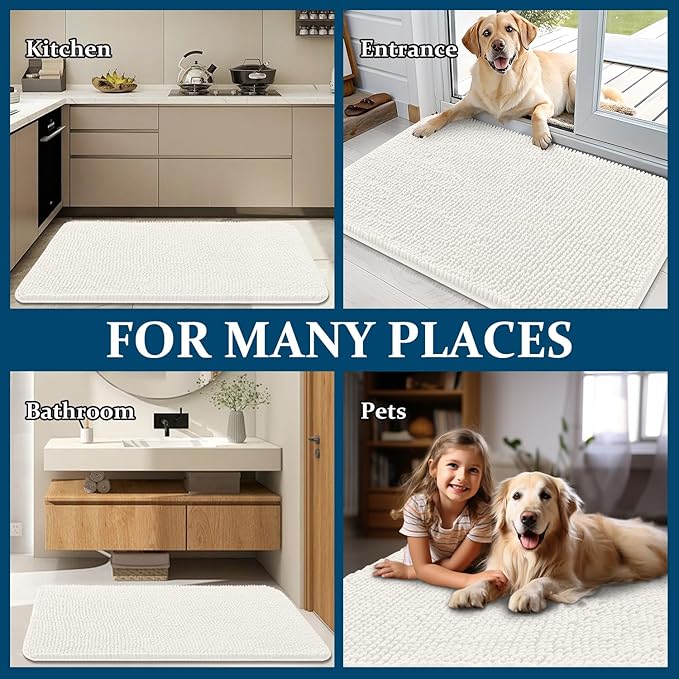 OLANLY Dog Door Mat for Muddy Paws 40x24, Absorbs Moisture and Dirt, Absorbent Non-Slip Washable Doormat, Quick Dry Chenille Mud Mat for Dogs, Entry Indoor Entryway Carpet for Inside Floor, Ivory