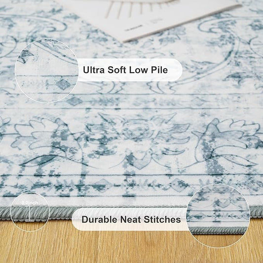 Light Blue 6x9 Area Rug Machine Washable for Living Room, Distressed Non Slip Rugs for Bedroom, Traditional Indoor Retro Floral Accent Vintage Carpet for Office Dining Room, Dorm