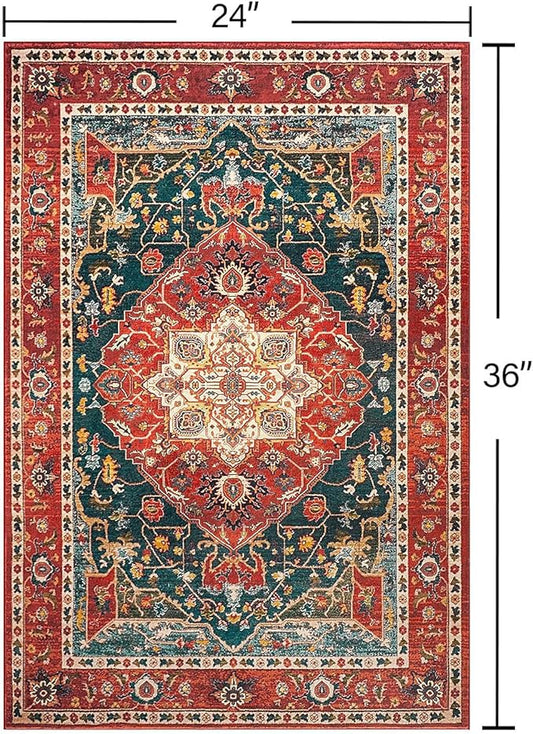 YJ.GWL Area Rug 2x3 Floral Vintage Rugs, Indoor Entrance Door Mat Small Washable Rugs, Non Slip Carpet for Living Room Entryway Kitchen, Orange-Red