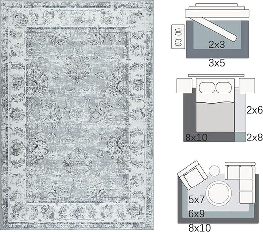 jinchan Fiora 6x9 Area Rug for Living Room Washable Soft Throw Rug Ultra-Thin Stain Resistant Non-Slip Distressed Vintage Floral Large Carpet for Bedroom Dining Room Home Office Nursery(6x9ft, Grey)