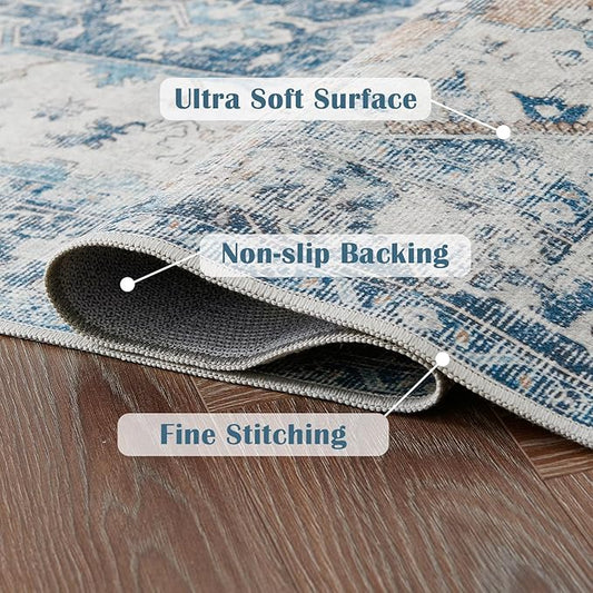 jinchan Kelda Runner Rug 2x7 Hallway Rug Washable Runner Vintage Mat Retro Print Lightweight Non-Slip Floor Cover Distressed Thin Carpet for Entryway Bathroom Bedroom Laundry Room Stairway Blue